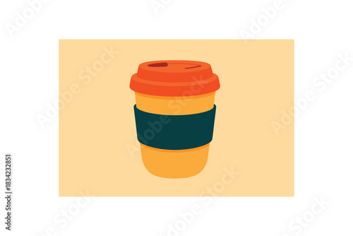 Flat vector illustration of bright reusable coffee cup with bold lid and band rounded form minimal details