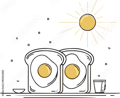Fried eggs on toast sketch, hand drawn breakfast scene with sun and drink. Vector illustration