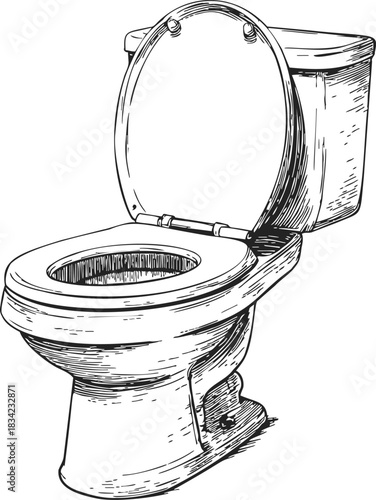 Toilet sketch hand drawn style with open lid and detailed lines. Vector illustration