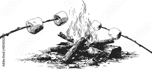 Marshmallows roasting over campfire, sketch hand drawn outdoor scene. Vector illustration