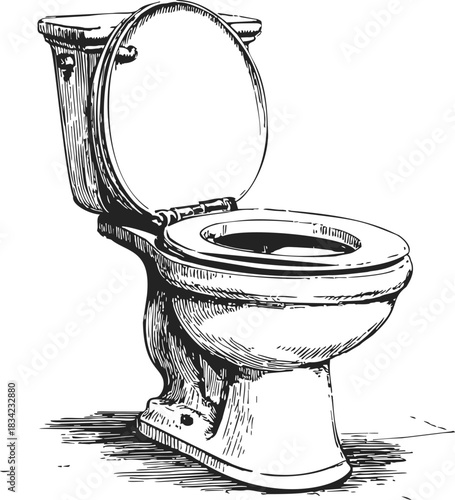 Toilet hand drawn sketch with open lid, detailed bathroom object. Vector illustration