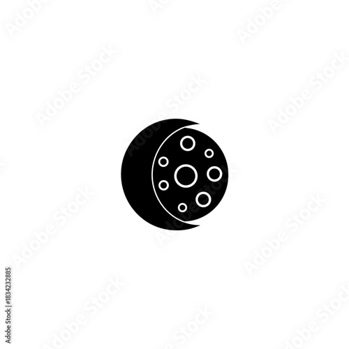 Black crescent moon with circular holes on a white space on transparent background