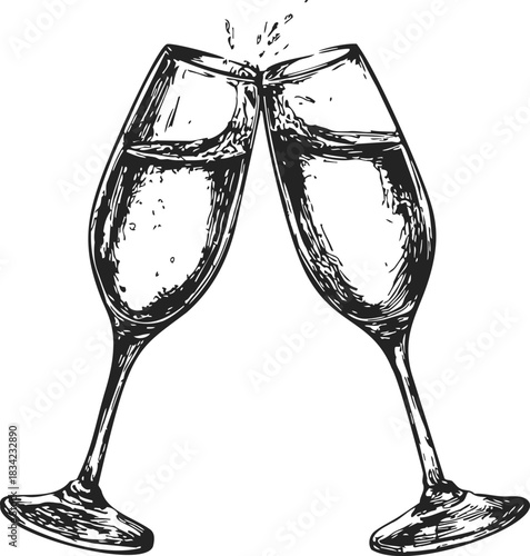 Champagne glasses sketch hand drawn clinking in celebratory toast. Vector illustration