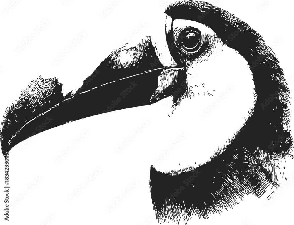 Naklejka premium Toucan head sketch, hand drawn vector, detailed black and white illustration. Vector illustration