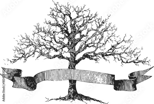 Tree with bare branches and ribbon banner, hand drawn sketch style. Vector illustration