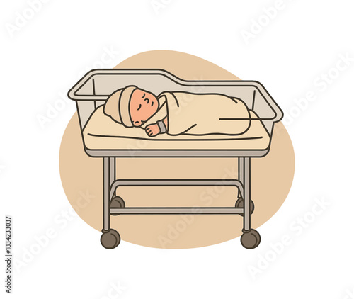 Hospital scene bassinet baby blanket ID bracelet hat flat vector minimal isolated organic background shape