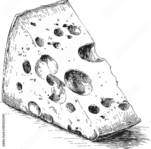 Cheese wedge sketch hand drawn with holes detailed dairy food. Vector illustration