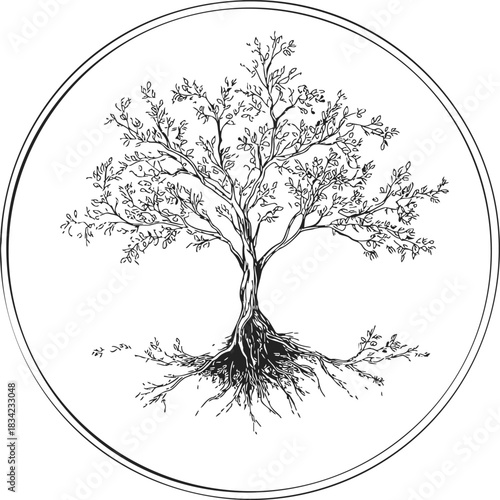 Tree hand drawn sketch with roots and branches in circular frame. Vector illustration