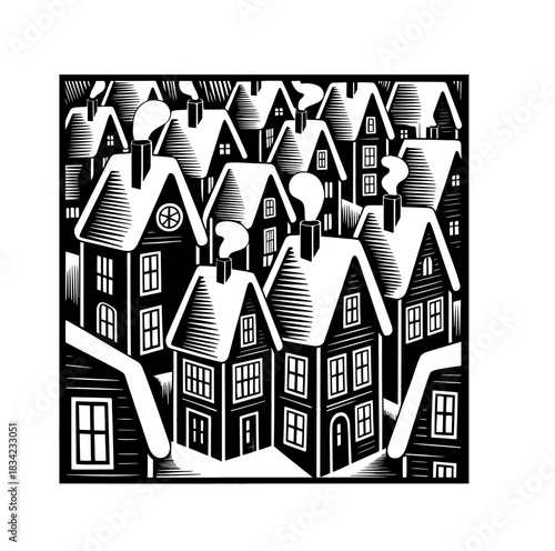 Landscape of the neighborhoods of the city, the houses of the suburbs residential area. A number of low-rise buildings of the village. Outline vector illustration	
