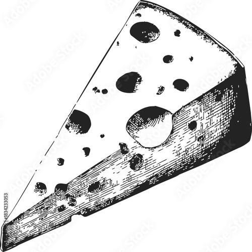 Cheese wedge sketch hand drawn with holes and textured rind. Vector illustration