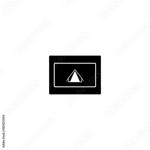 Black rectangle containing a white tent illustration on transparent background