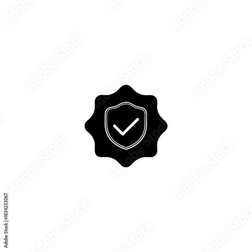 Black shield with check mark inside a jagged circle shape on transparent background