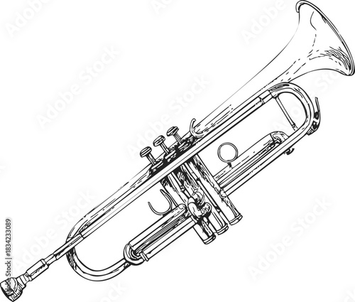 Trumpet sketch hand drawn style detailed brass musical instrument. Vector illustration