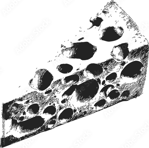 Cheese wedge sketch hand drawn with large holes, detailed dairy food. Vector illustration