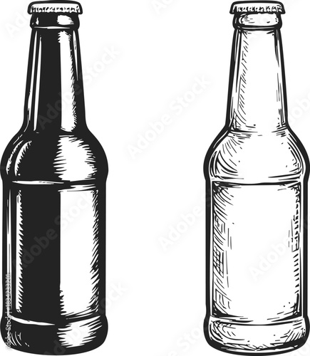 Beer bottle sketch hand drawn style, two bottles with detailed shading. Vector illustration