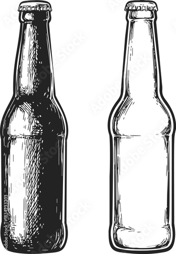 Beer bottles sketch hand drawn, detailed outline and filled style. Vector illustration