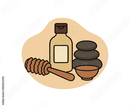 Massage kit massage oil bottle wooden roller hot stones small bowl flat vector minimal isolated organic background shape