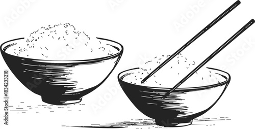 Rice bowls sketch hand drawn with chopsticks in minimalist style. Vector illustration