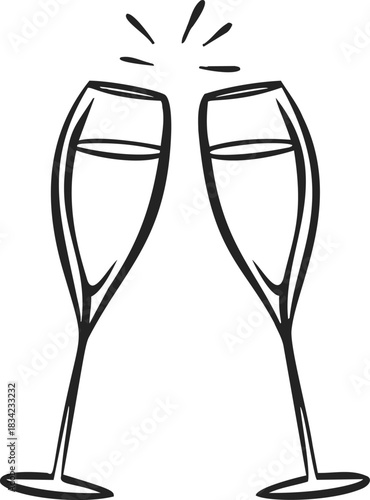 Champagne glasses sketch hand drawn clinking celebration toast. Vector illustration
