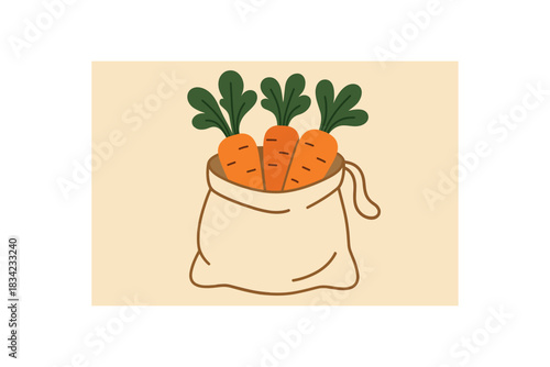 Flat vector illustration of carrots and greens cloth produce bag soft rounded forms clean outline earth day cozy eco style