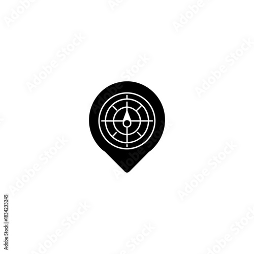 Black pin with compass inside for location and direction on transparent background