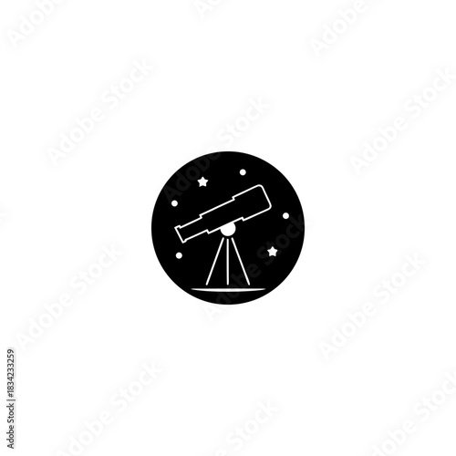 Illustration of a telescope and stars inside a circle on transparent background