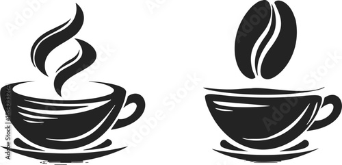 Coffee cup sketch with steam and coffee bean, hand drawn style. Vector illustration