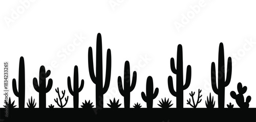 Bold black and white desert border design featuring various saguaro cactus silhouettes