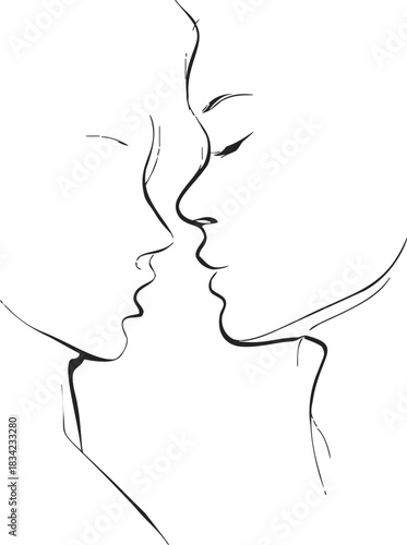 Couple faces sketch hand drawn close to kissing minimalist line art. Vector illustration