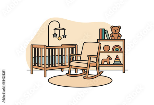 Nursery corner crib rocking chair toy shelf rug flat vector illustration clean outlines minimal isolated abstract shape