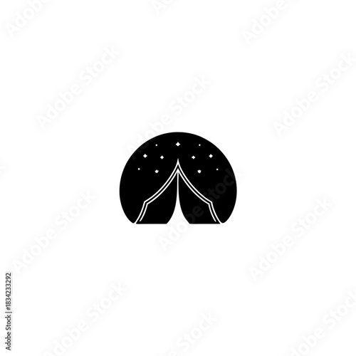 Silhouette of a tent under a starry night sky in a circle on transparent background