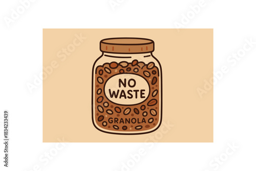 Flat vector illustration of jar of homemade granola with no waste label soft rounded shapes clean outline earth day cozy eco style