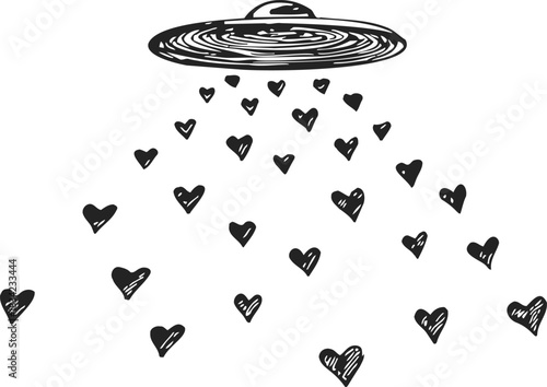 UFO hand drawn sketch beaming hearts in whimsical scene. Vector illustration
