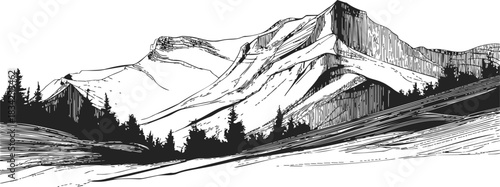 Mountain landscape sketch, hand drawn vector with pine trees and rugged peaks. Vector illustration