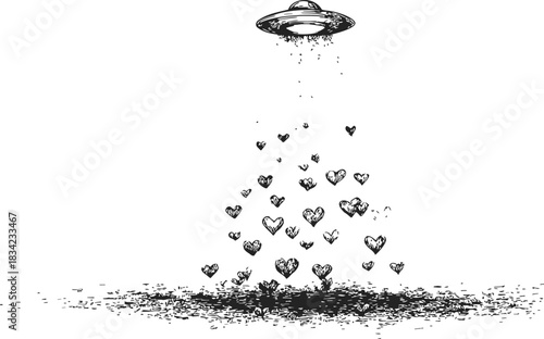 UFO spaceship sketch abducting floating hearts, hand drawn romantic scene. Vector illustration