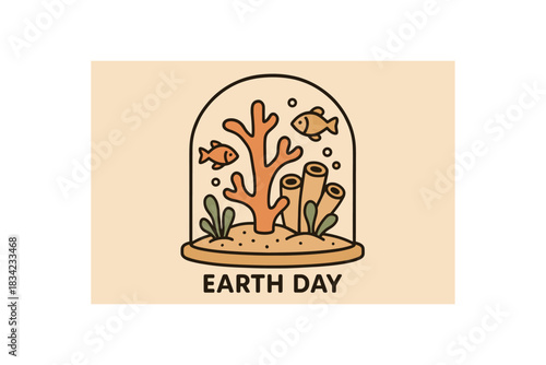 Flat vector illustration of coral and fish protected under glass dome soft rounded shapes clean outline earth day cozy eco style