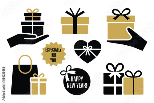 A collection of festive gift boxes and shopping bags for special occasions.