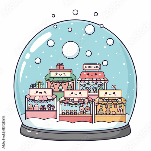 Christmas market inside a chubby snow globe with smiling stalls