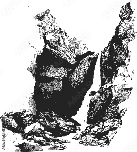 Rock formation sketch, hand drawn rugged cliffs and boulders in dramatic canyon. Vector illustration