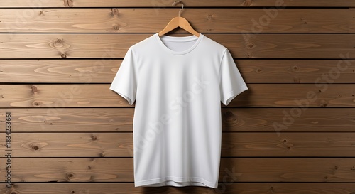 Blank white tshirt hanging on a textured wooden wall, ideal for showcasing custom apparel designs and branding