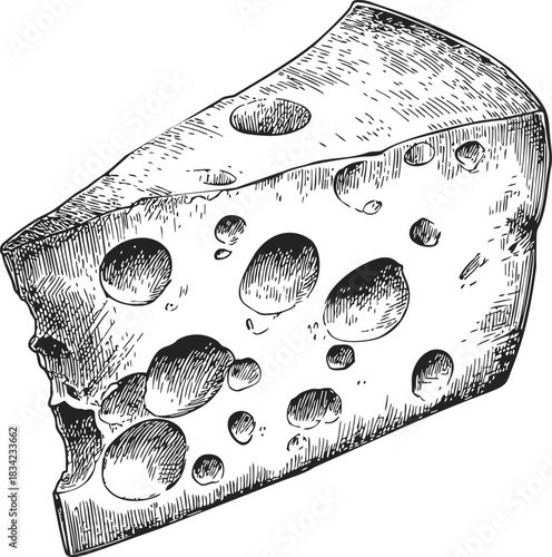 Cheese wedge sketch hand drawn with holes detailed dairy food. Vector illustration