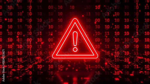 Cyber security alert with red warning sign over binary code background for network security concept