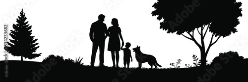 Loving family and loyal dog enjoy peaceful outdoor moment under a large tree