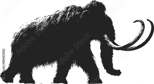Woolly mammoth sketch hand drawn silhouette with shaggy fur and curved tusks. Vector illustration