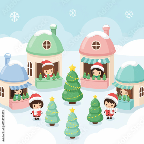 Tiny toy-like Christmas market with plump round houses, chibi sellers, micro Christmas trees, small twinkling lights