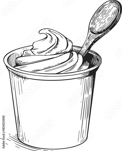 Yogurt cup with spoon sketch, hand drawn style, swirled yogurt in container. Vector illustration