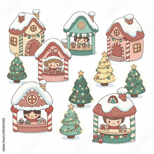 Tiny toy-like Christmas market with plump round houses, chibi sellers, micro Christmas trees, small twinkling lights