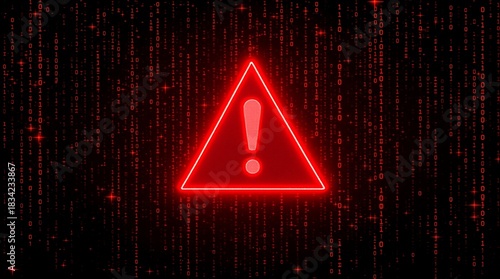 Red alert warning sign on binary code background for cyber security threat and system error concept