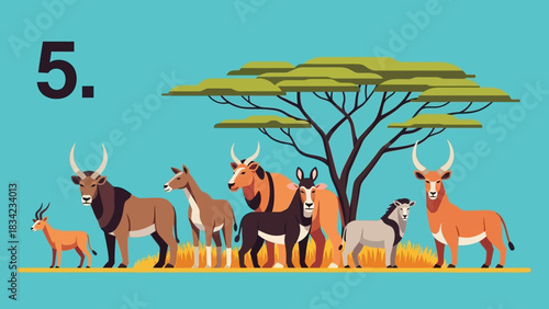 Diverse African Antelopes Gathered Under an Acacia Tree in the Savanna.