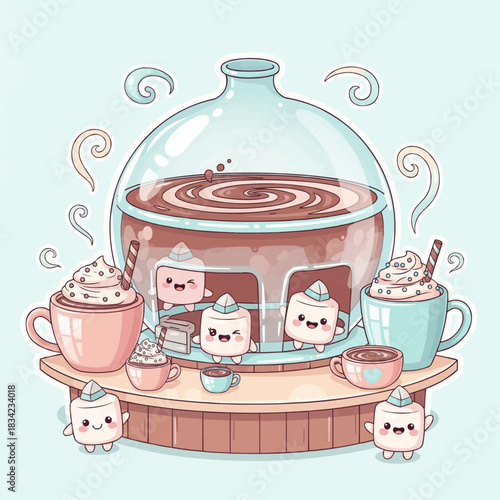 Bubble-style hot chocolate stand with marshmallow characters as sellers, oversized cups,